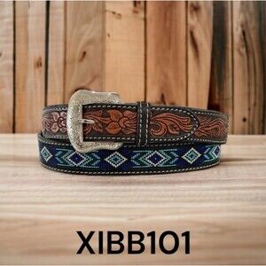XIBB-101 Western Rodeo Brown Tooled Leather Beaded Belt Floral Billet Size 42